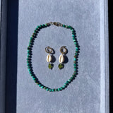 Chrysocolla Gemstone Necklace + Puka Shell Peridot Earrings BUNDLE