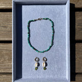 Chrysocolla Gemstone Necklace + Puka Shell Peridot Earrings BUNDLE