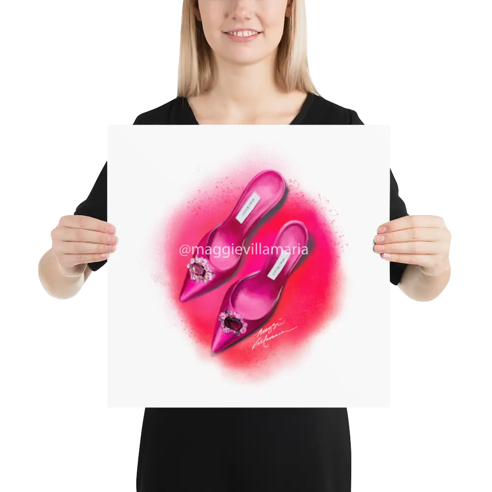 Pink Manolo Shoe Fashion Illustration Print 16×16